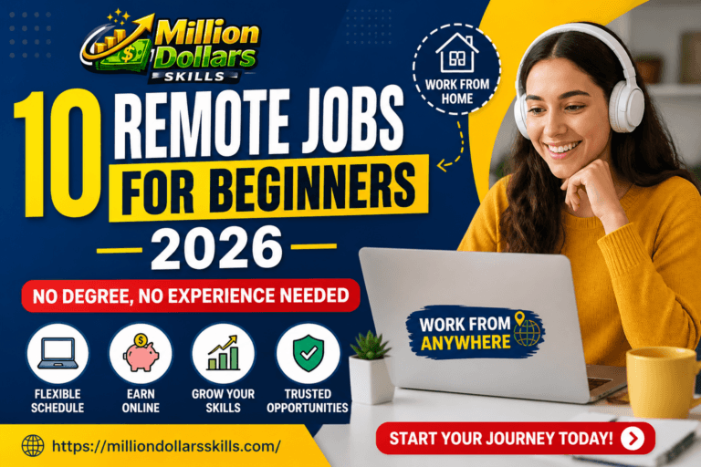 10 Remote Jobs for Beginners 2026 – No Degree, No Experience Needed Work From Home Guide by Million Dollars Skills