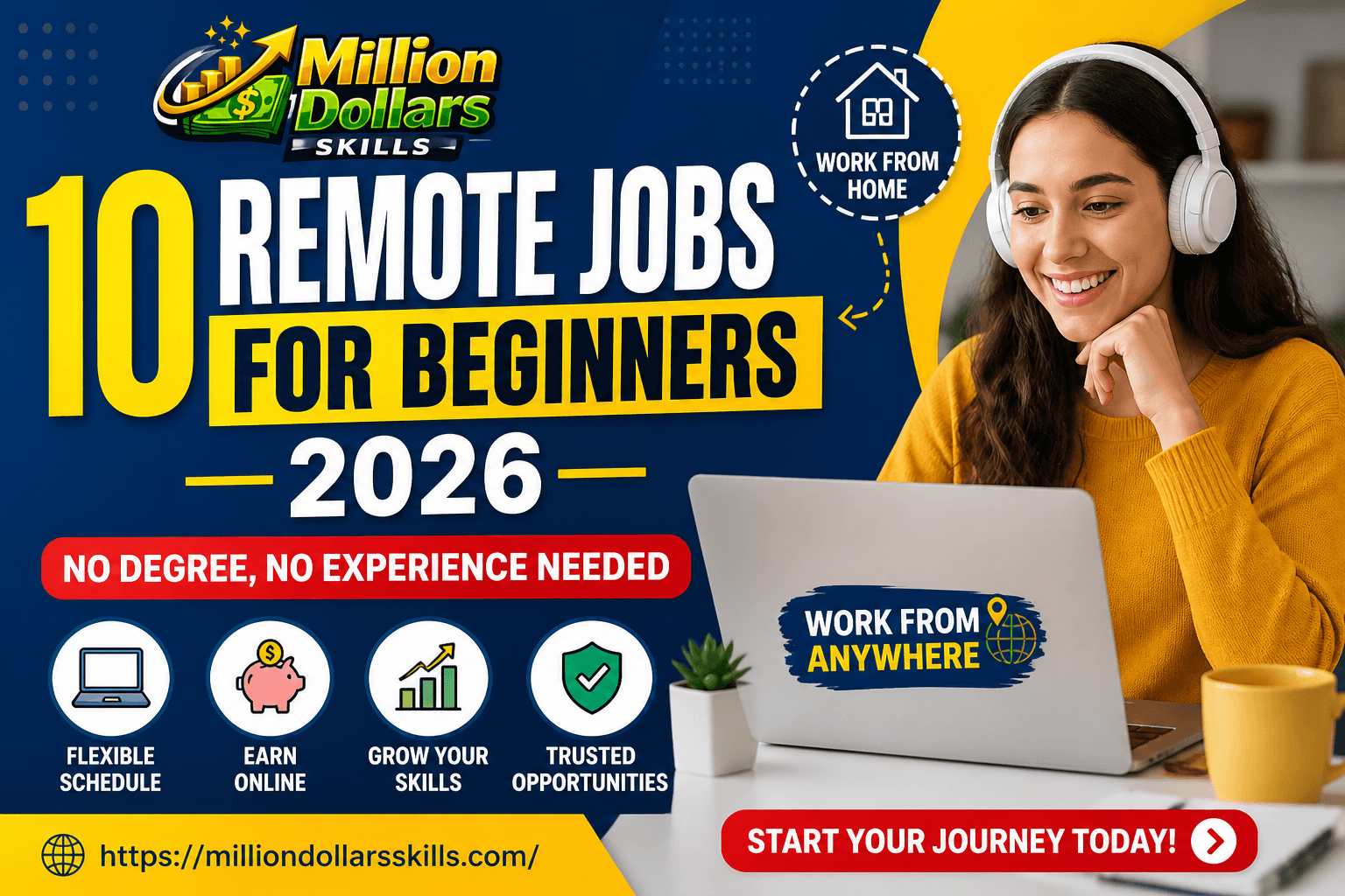 10 Remote Jobs for Beginners 2026 – No Degree, No Experience Needed Work From Home Guide by Million Dollars Skills