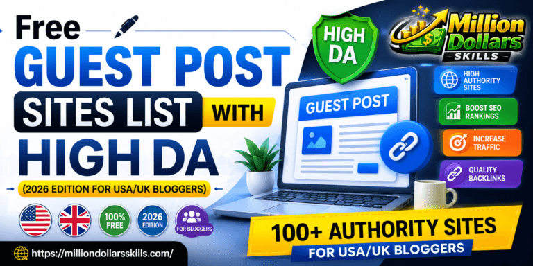 Free Guest Post Sites List with High DA 2026 for USA and UK bloggers featuring 100+ high authority websites for backlinks and SEO growth