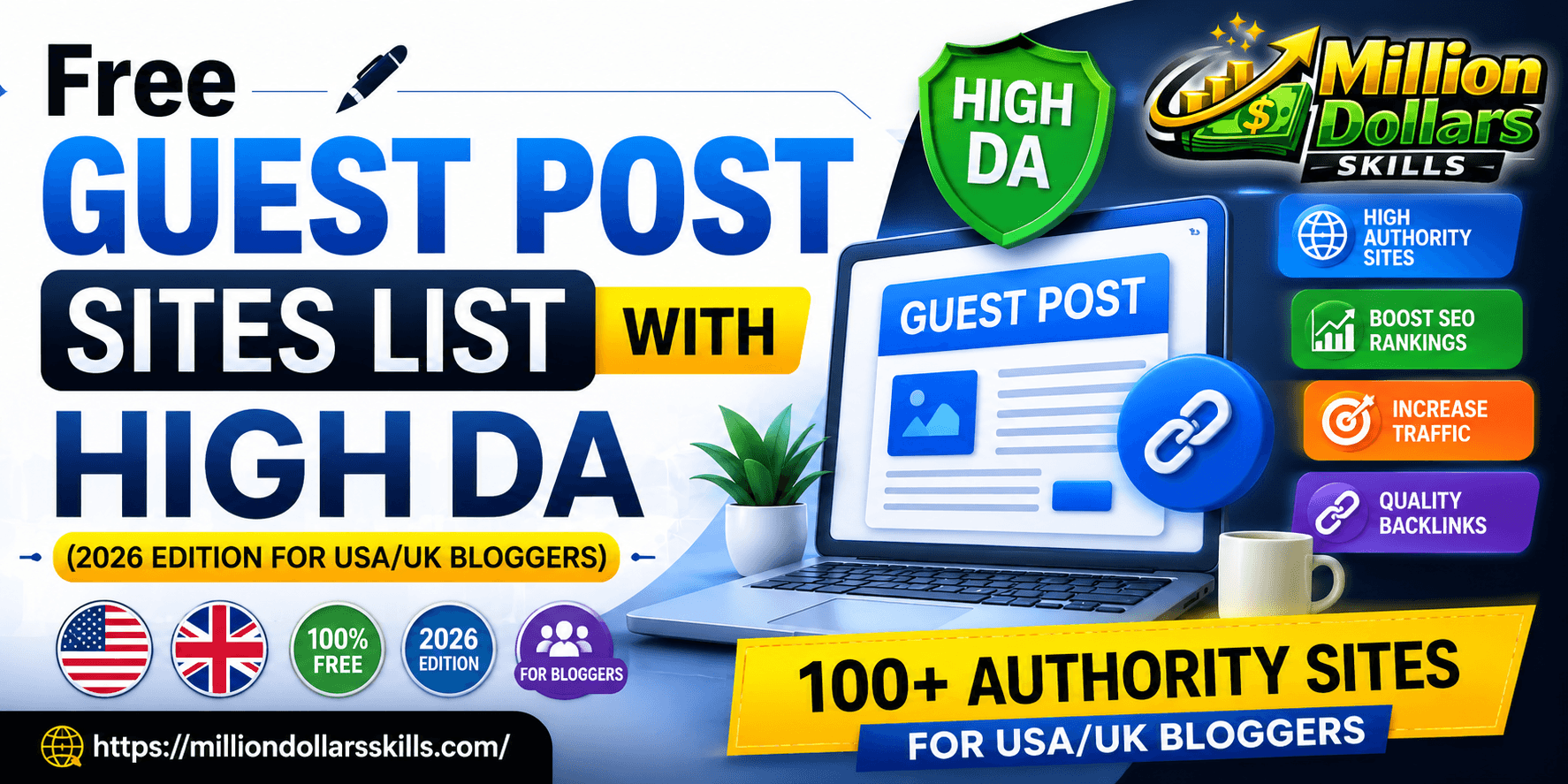 Free Guest Post Sites List with High DA 2026 for USA and UK bloggers featuring 100+ high authority websites for backlinks and SEO growth
