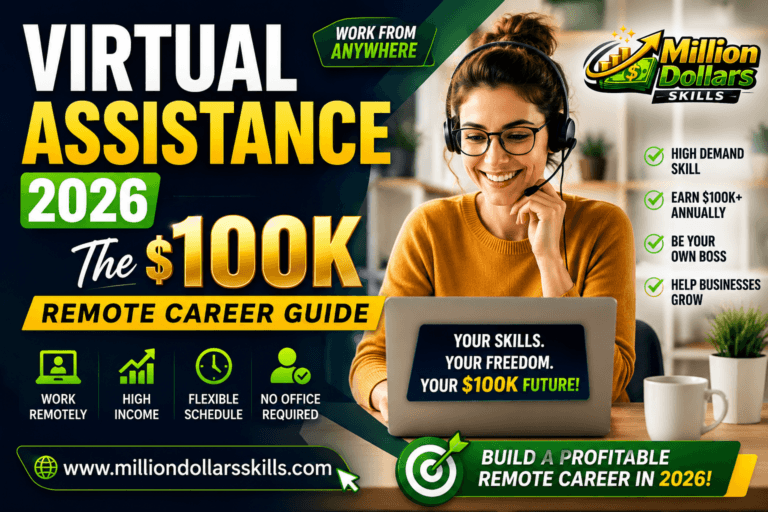 Comprehensive guide to Virtual Assistance 2026 showing a $100K remote career roadmap with Million Dollars Skills logo.