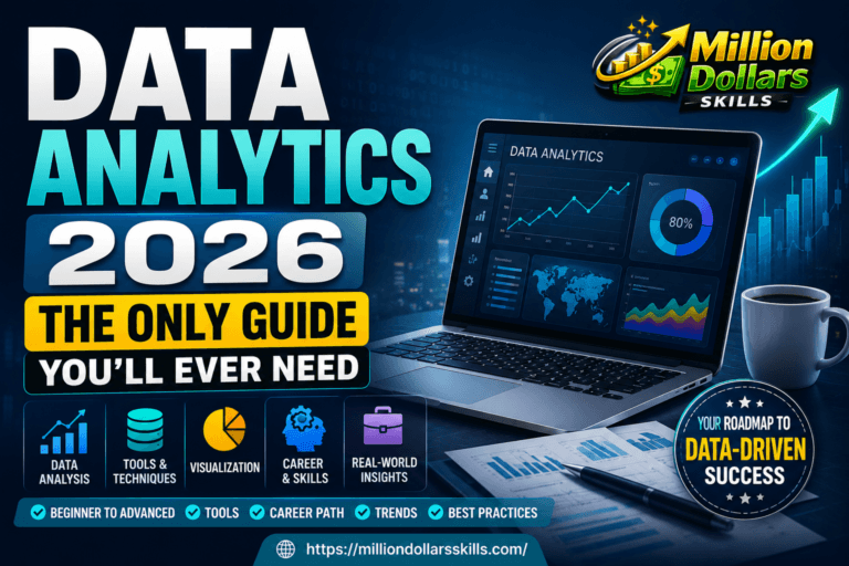 Data Analytics 2026 guide showing dashboards, AI analytics, big data charts, and business intelligence concepts