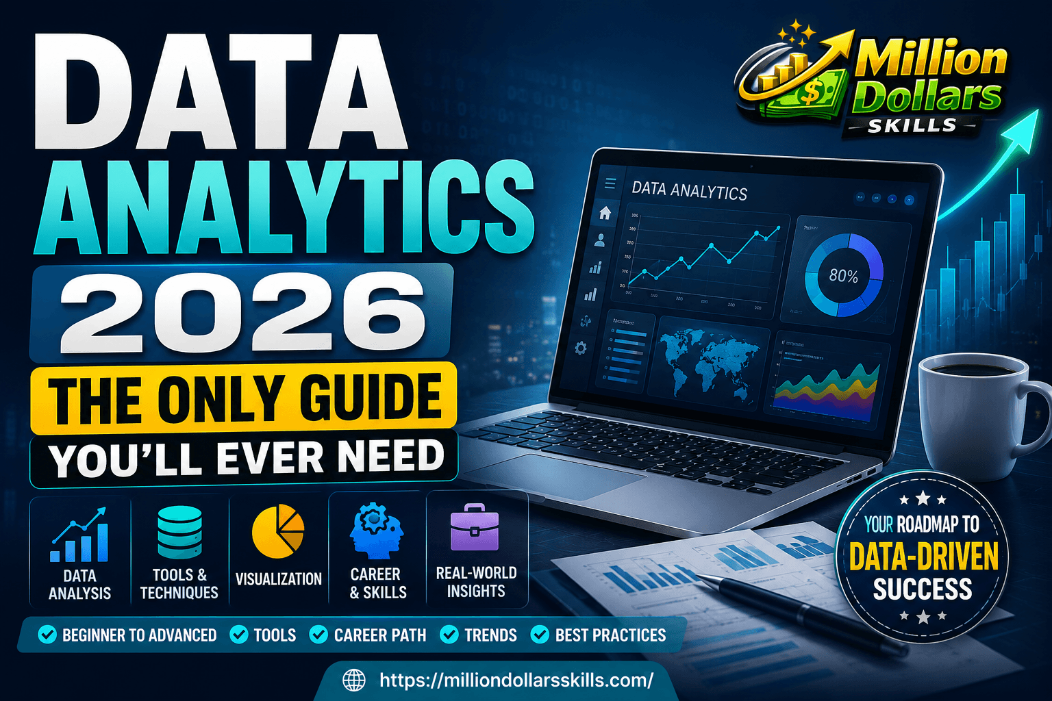 Data Analytics 2026 guide showing dashboards, AI analytics, big data charts, and business intelligence concepts