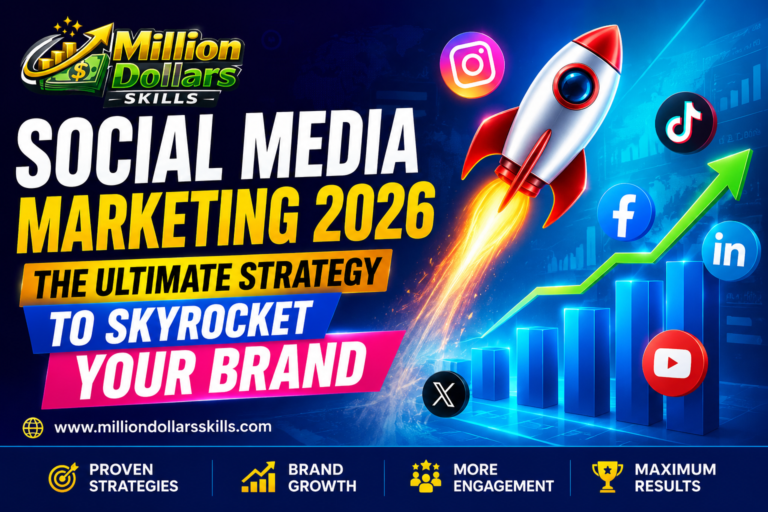 Social Media Marketing 2026 strategy illustration showing brand growth, social media analytics, content marketing, and digital branding concepts
