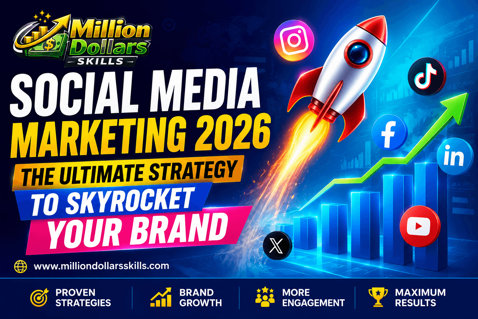 Social Media Marketing 2026 strategy illustration showing brand growth, social media analytics, content marketing, and digital branding concepts