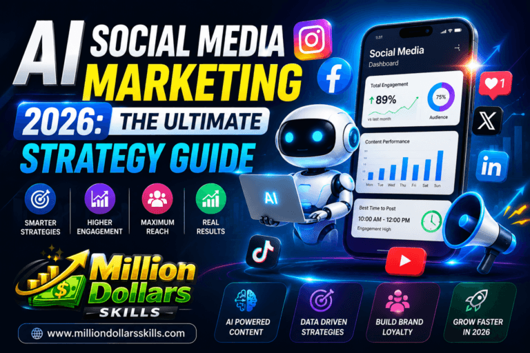 AI Social Media Marketing 2026 strategy guide feature image with AI robot, social media icons, analytics dashboard, and digital marketing growth concept