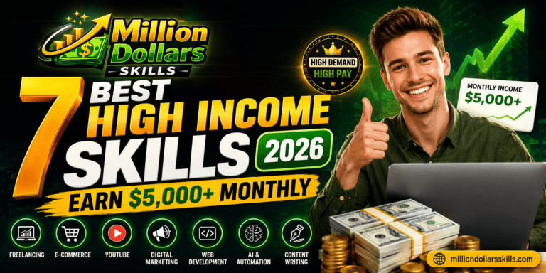 Eye-catching feature image showing the 7 best high income skills in 2026 with earning potential of $5,000+ monthly, including freelancing, AI automation, digital marketing, web development, YouTube, e-commerce, and content writing.