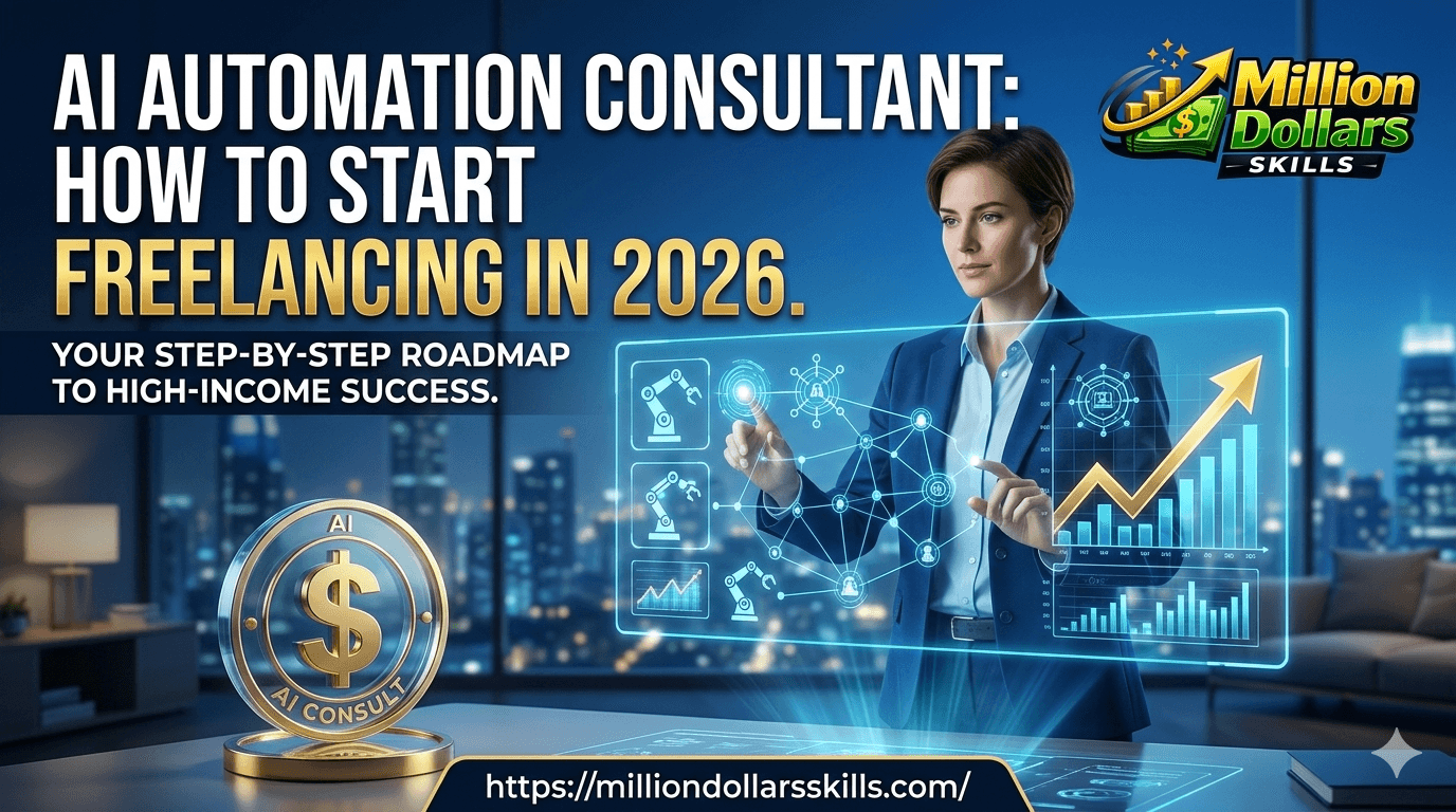 Step-by-step guide on how to become a freelance AI automation consultant in 2026 using tools like Make.com and Zapier.