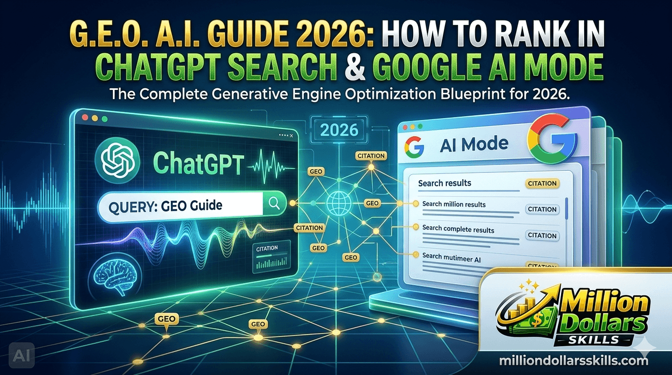GEO AI Guide 2026 feature image showing ChatGPT Search, Google AI Mode, AI SEO strategy, GEO optimization, and futuristic AI ranking concepts