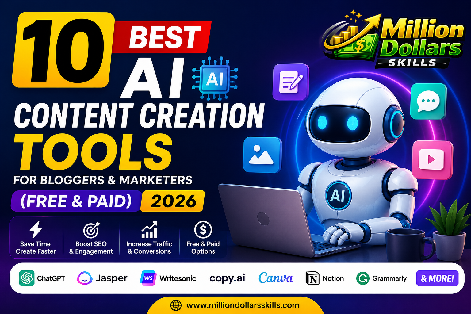 Best AI content creation tools for bloggers and marketers in 2026 featuring AI-powered writing, design, and marketing software.
