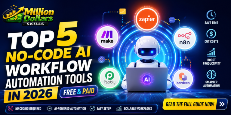 Top 5 No-Code AI Workflow Automation Tools in 2026 including Zapier, Make, n8n, Pabbly, and Bardeen for business process automation