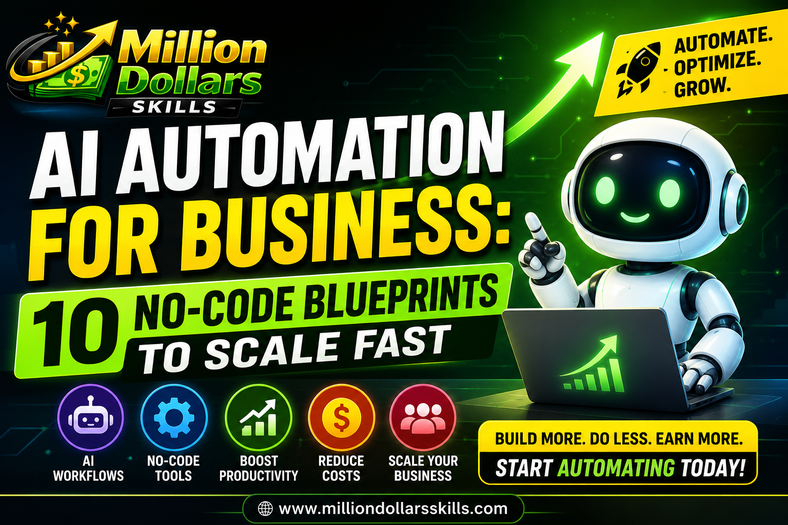 AI automation for business featuring no-code automation tools, AI workflows, business growth strategies, productivity automation, and scalable business systems.
